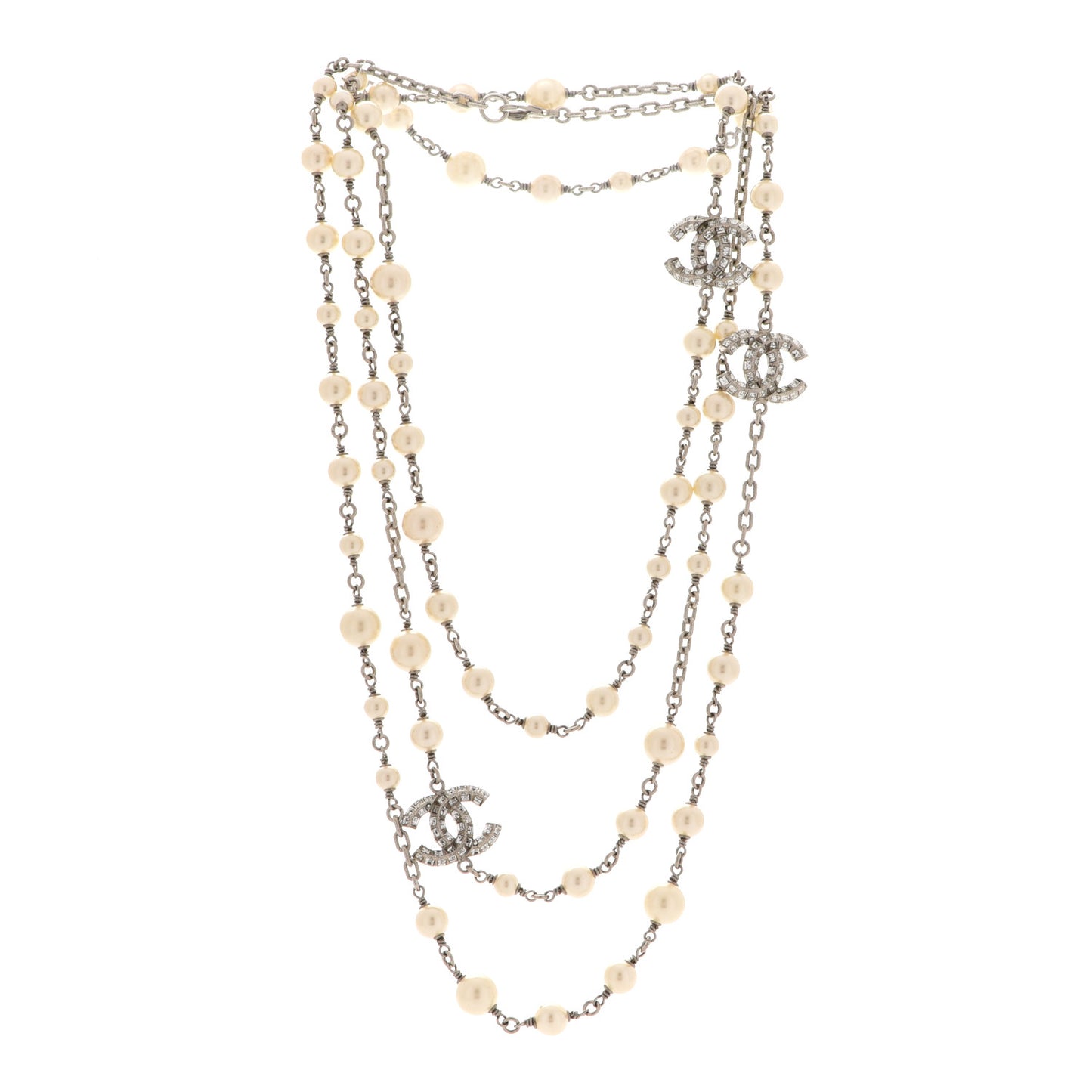 Pearl Baguette Crystal CC Long Necklace Silver