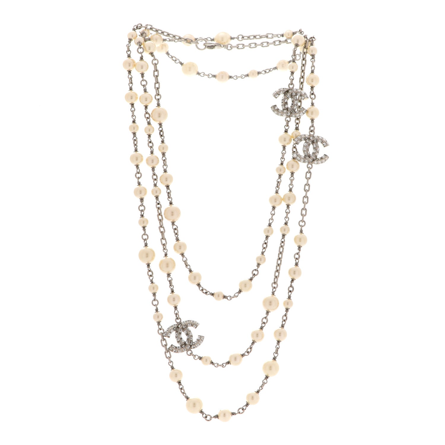 Chanel Pearl Baguette Crystal CC Long Necklace Silver 3 of 5
