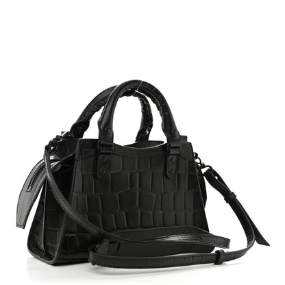 Balenciaga Semi Shiny Calfskin Crocodile Embossed Neo Classic Black Hardware Mini City Black 3 of 13