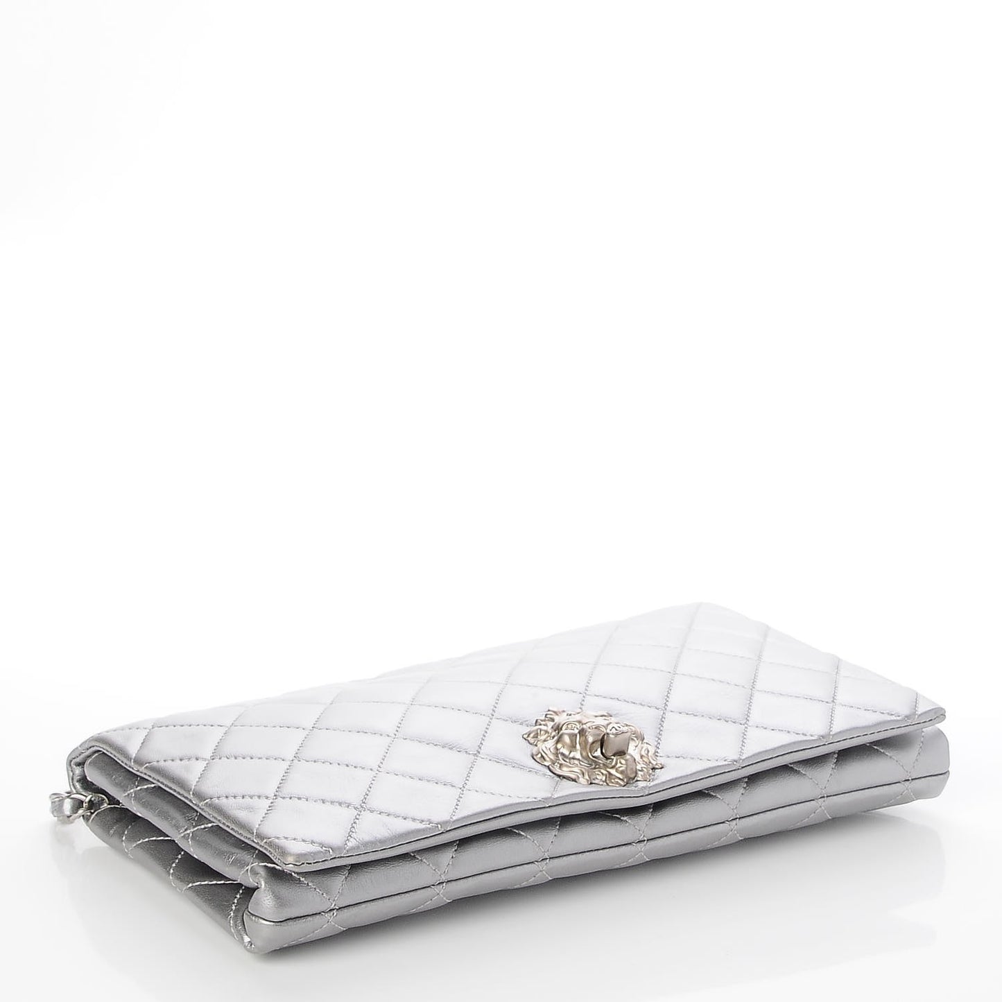 Metallic Lambskin Quilted Medium Leo Lion Flap Clutch Silver