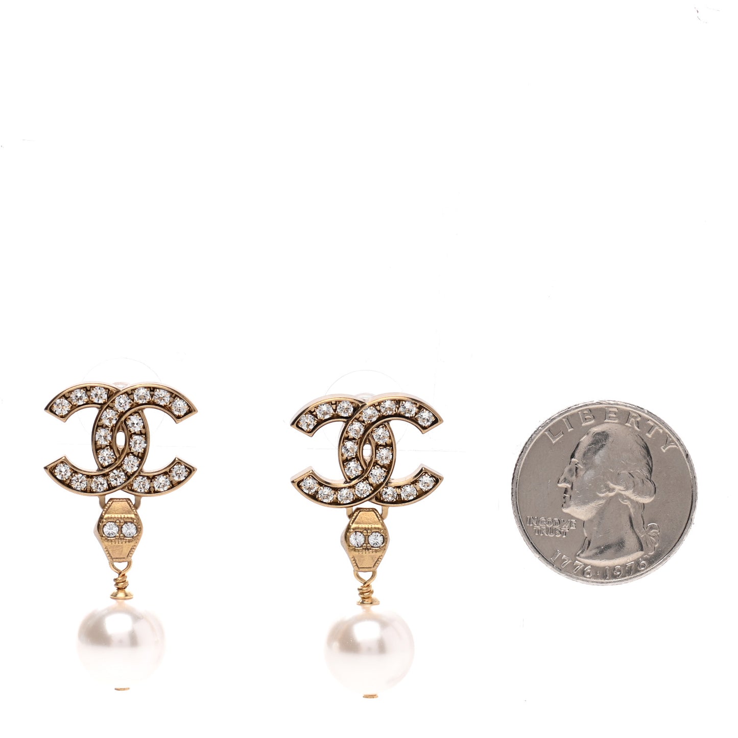 Crystal Pearl CC Drop Earrings Gold