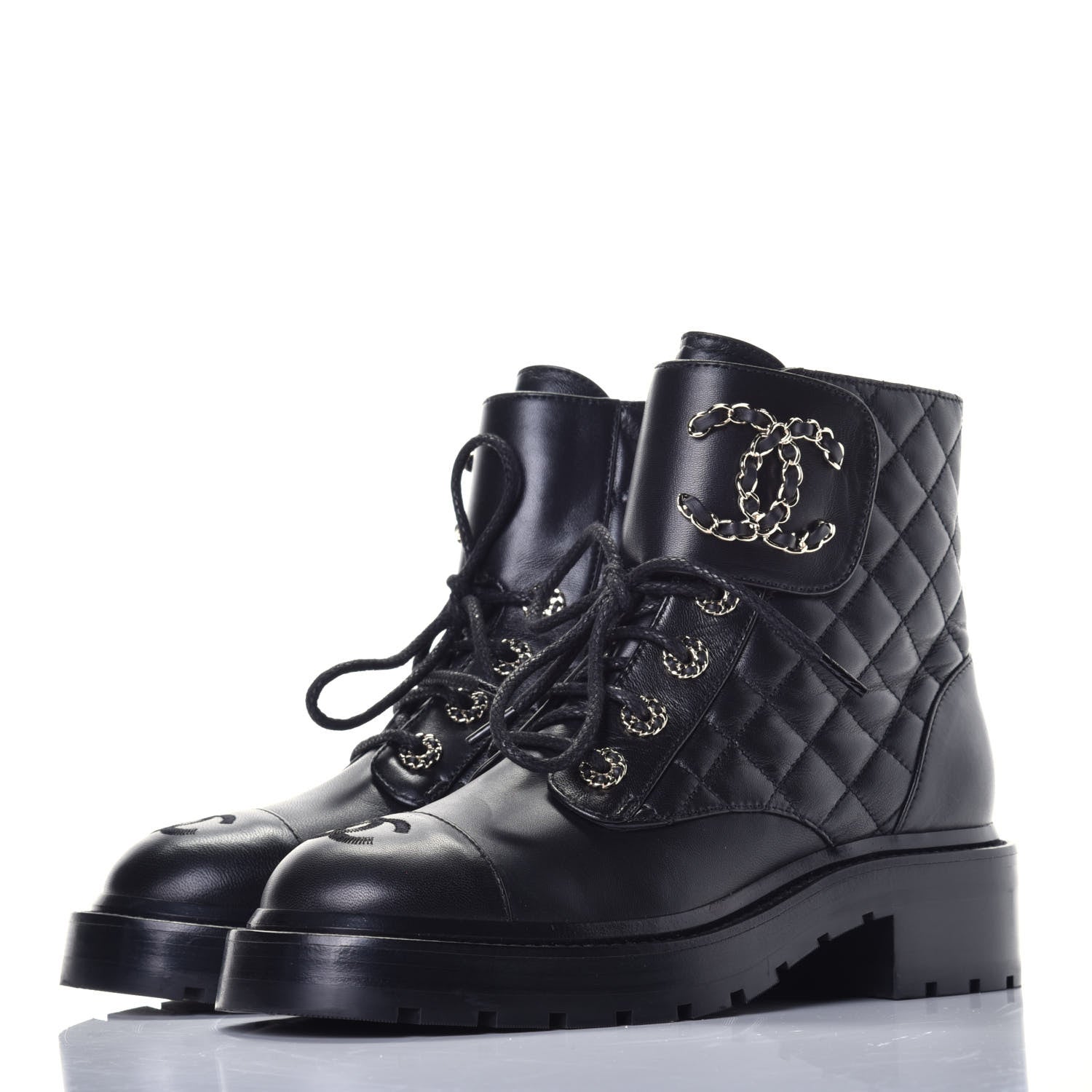 Chanel Shiny Lambskin Quilted Lace Up Combat Boots 36 Black 3 of 9