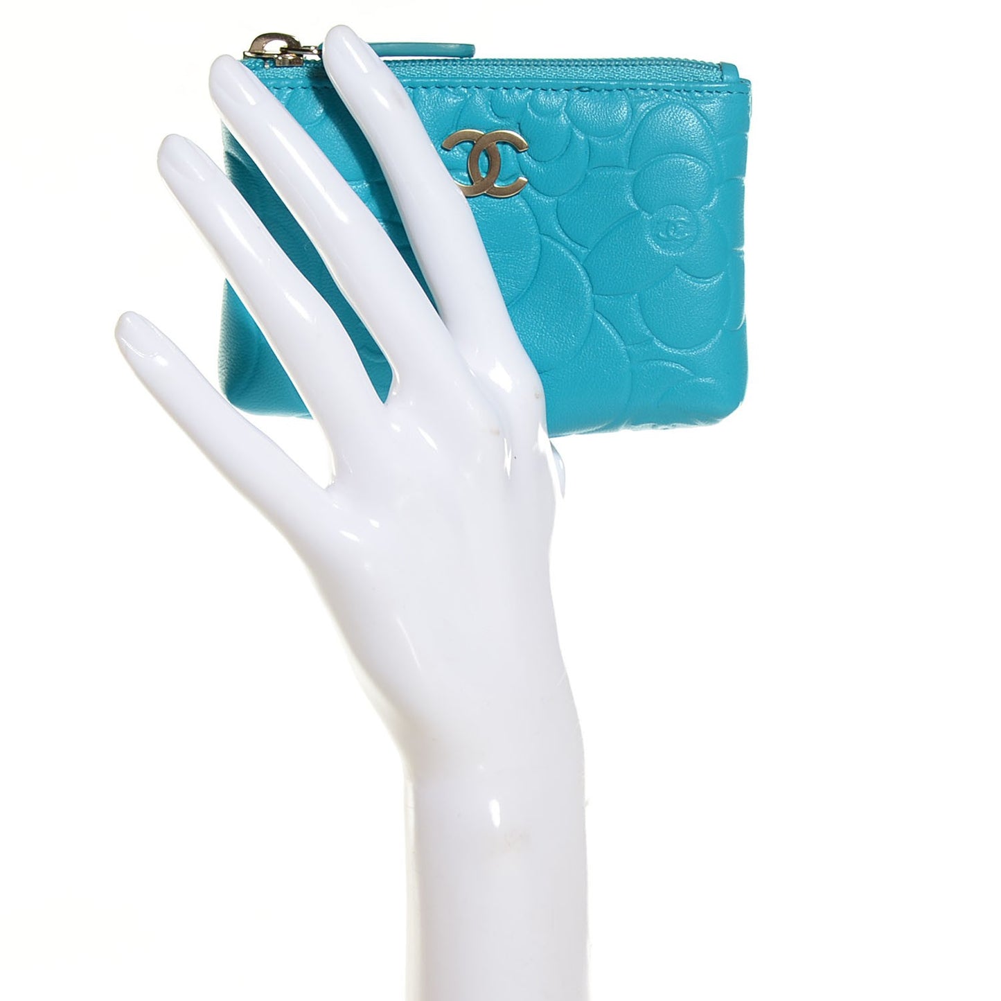 Lambskin Camellia Embossed Key Holder Case Turquoise