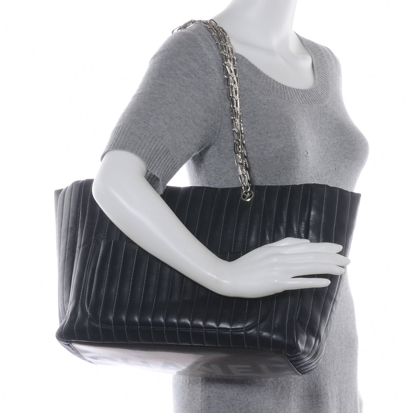Lambskin Vertical Quilted Large Mademoiselle Tote Black