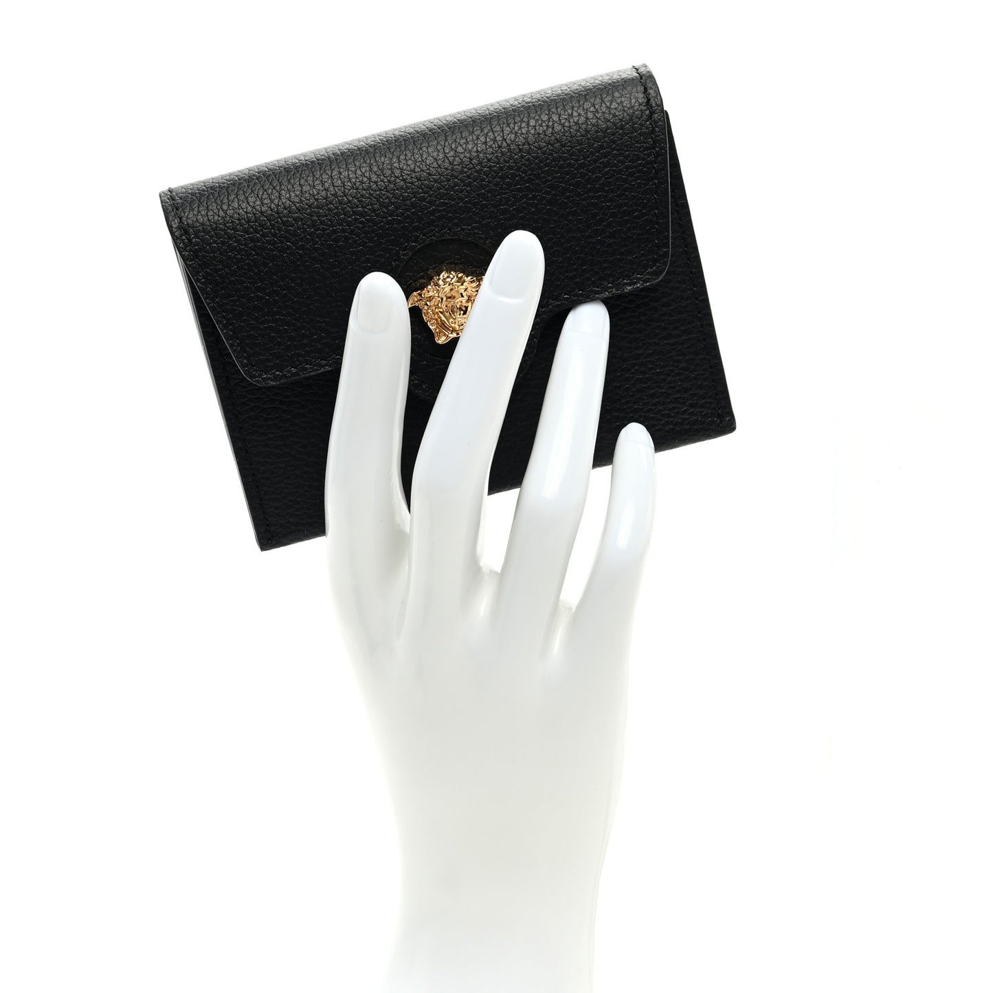 Grained Calfskin Medusa Gusset Holder Wallet Black