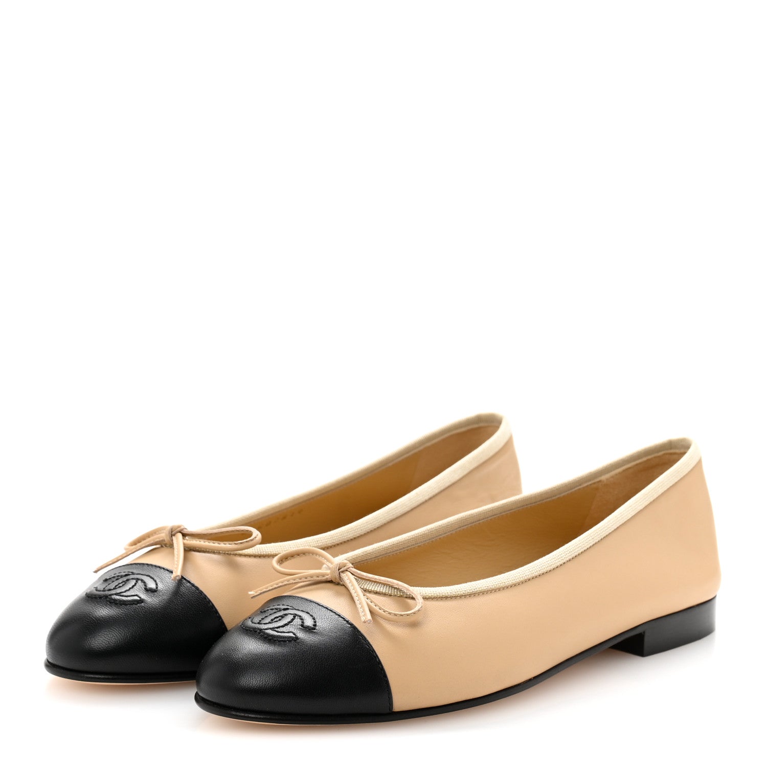 Chanel Lambskin Cap Toe CC Ballerina Flats 38 Beige Black 4 of 10