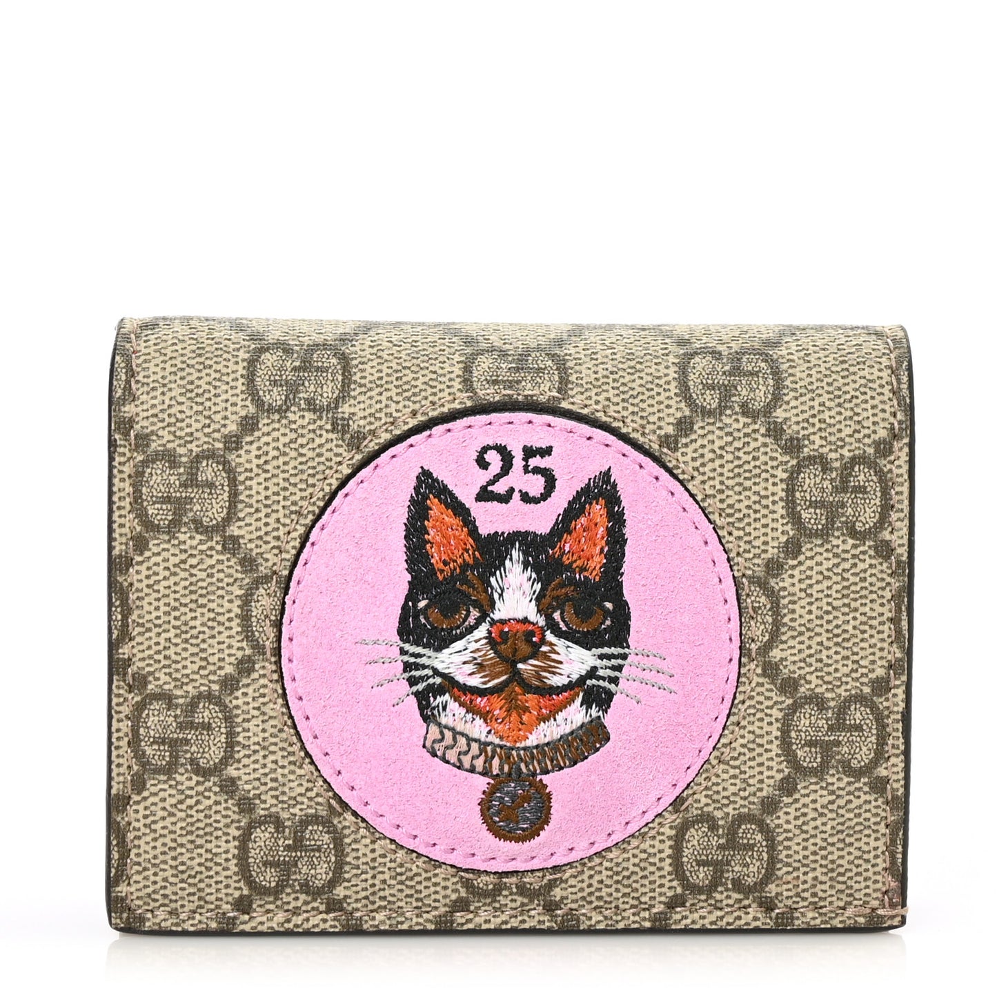 GG Supreme Monogram Bosco Patch Card Case Wallet Beige Malva Hibiscus Red