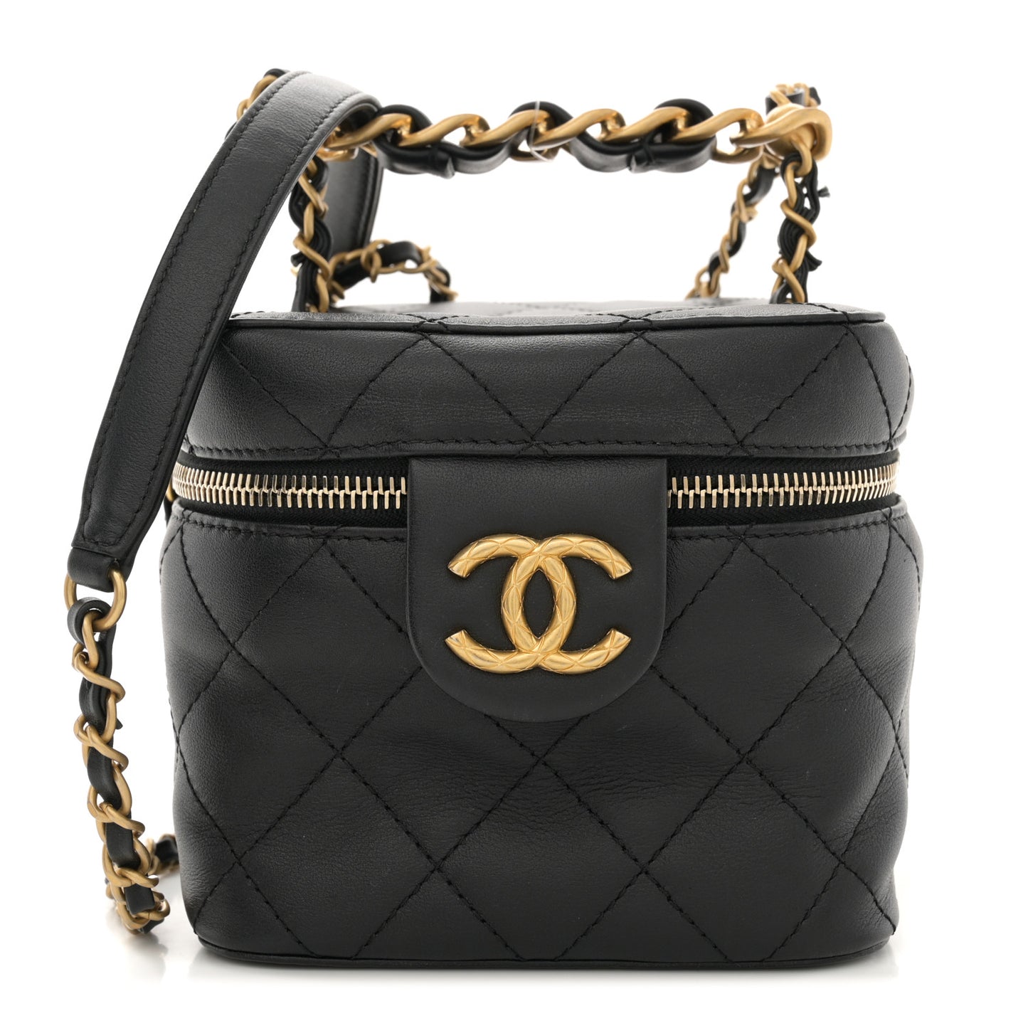 Calfskin Quilted Small Vanity Case With Chain Black