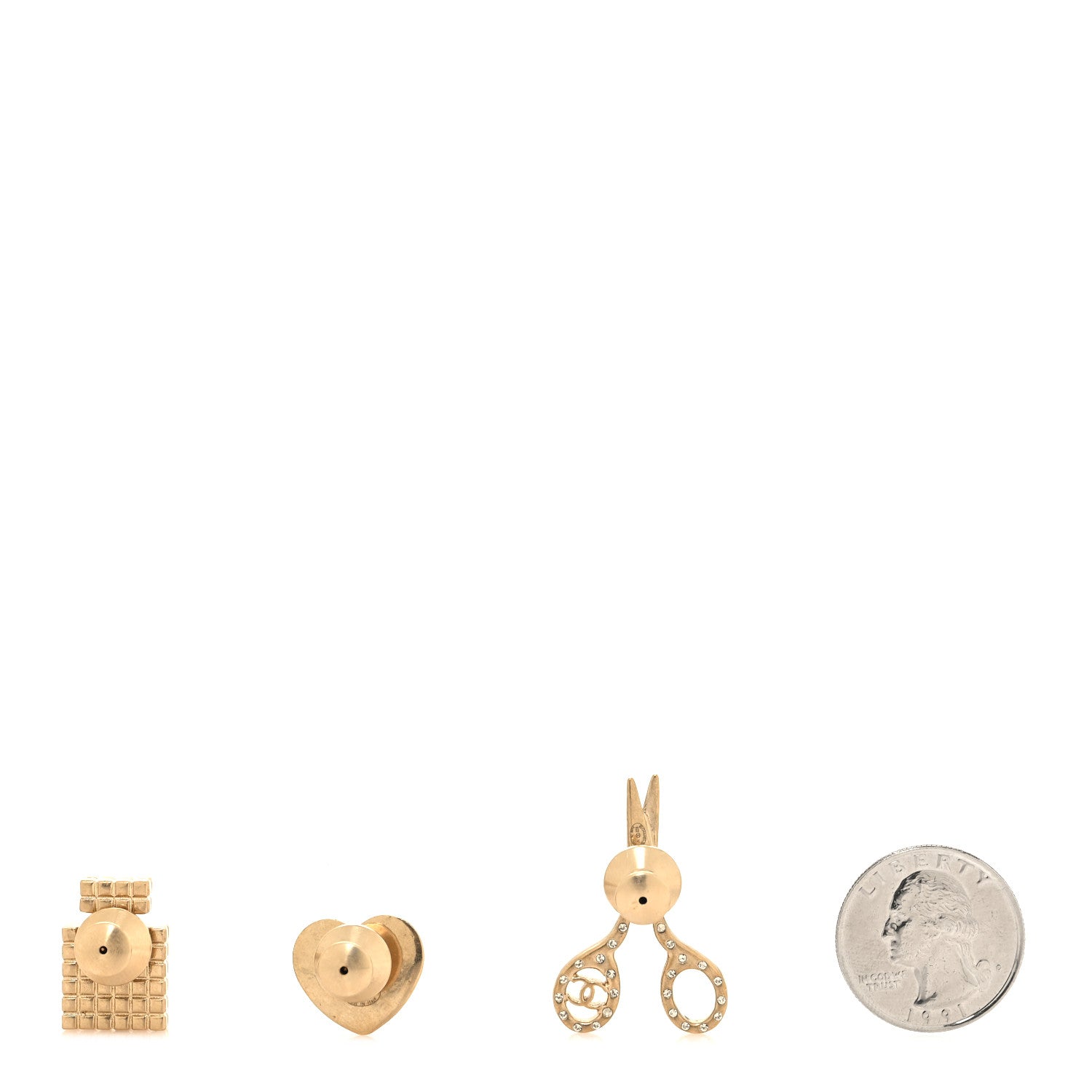 Chanel Metal Strass Crystal Quilted CC Heart Scissors Perfume Brooch Set Gold 2 of 3