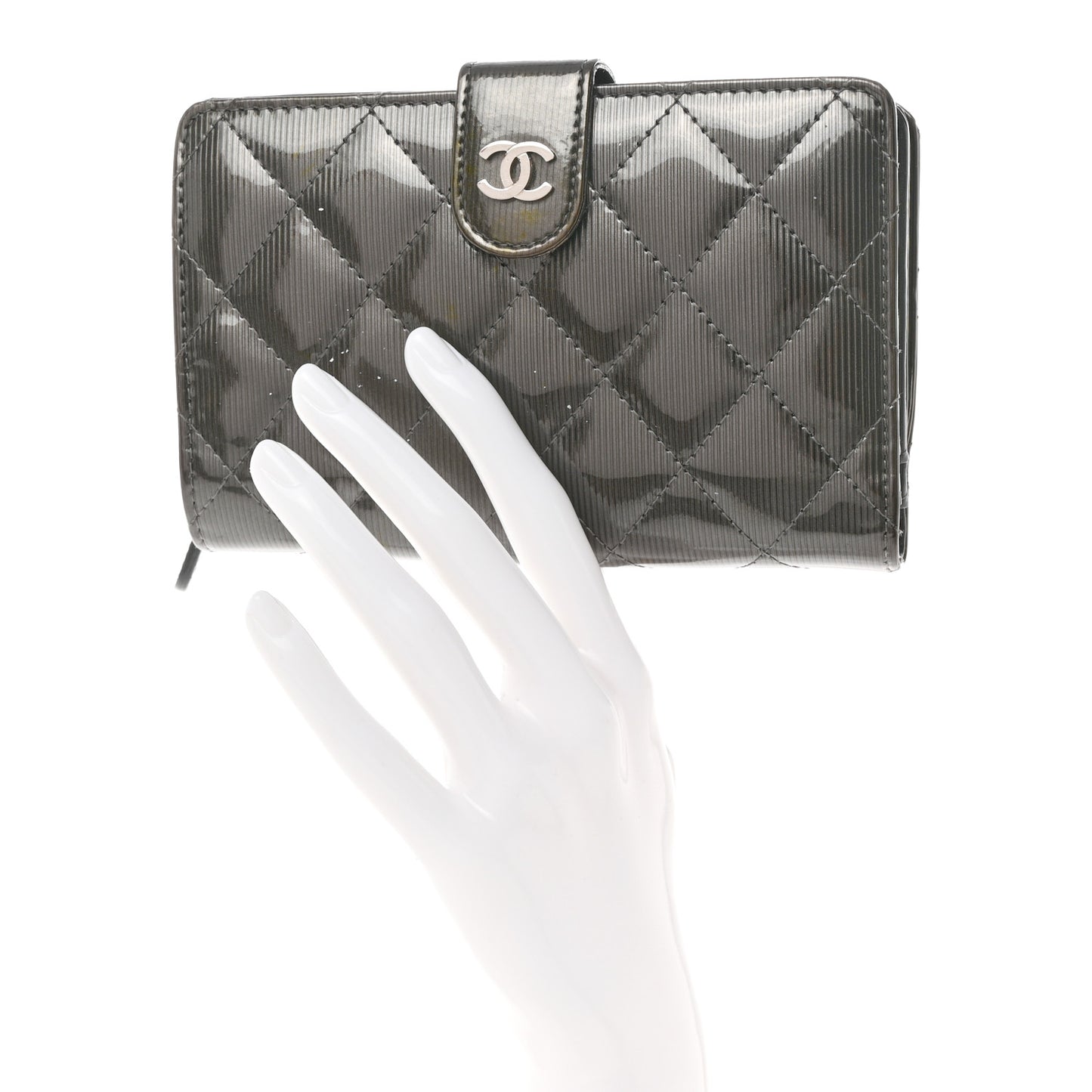 Striated Patent CC French Wallet Dark Grey