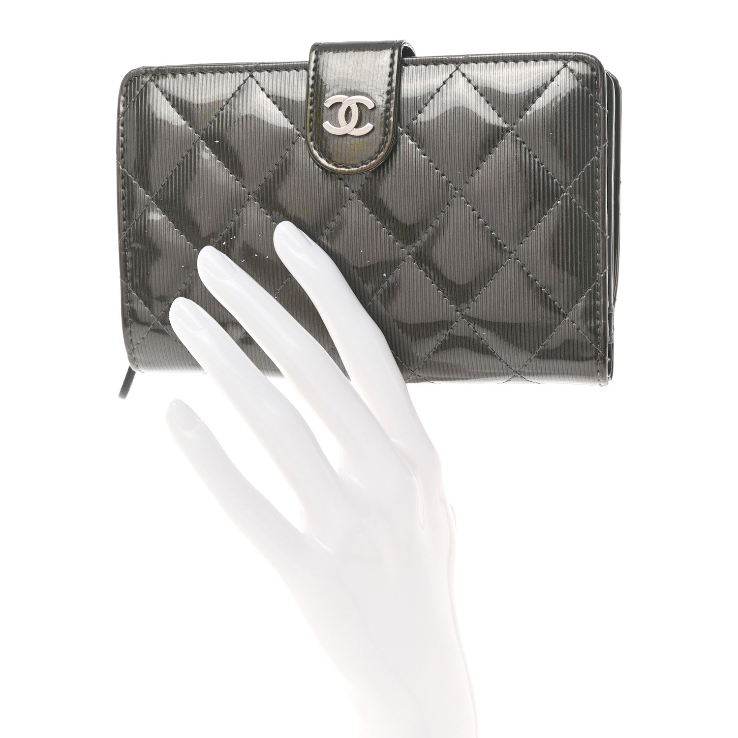 Chanel Striated Patent CC French Wallet Dark Grey 2 of 10
