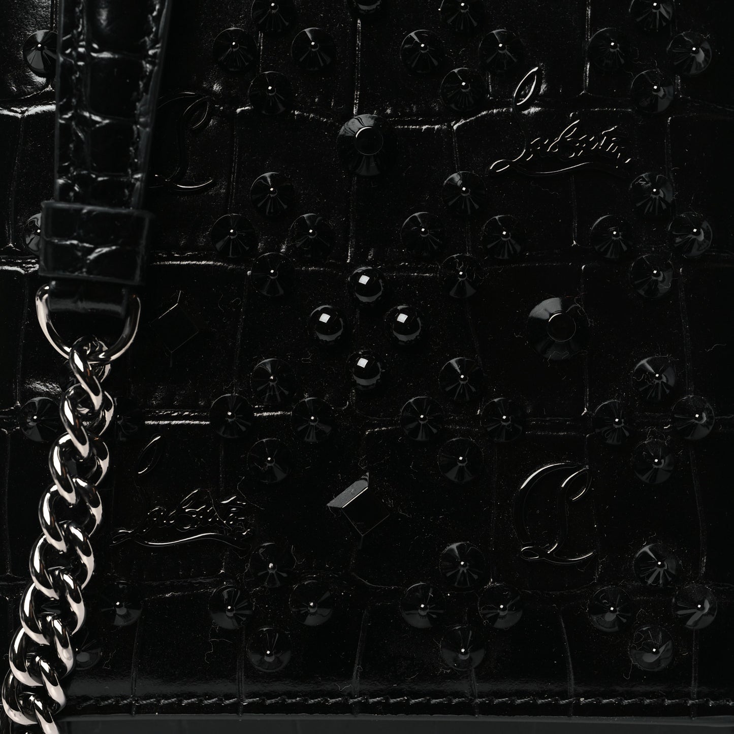 Crocodile Embossed Calfskin Spikes Loubinthesky Paloma Crossbody Phone Case Black