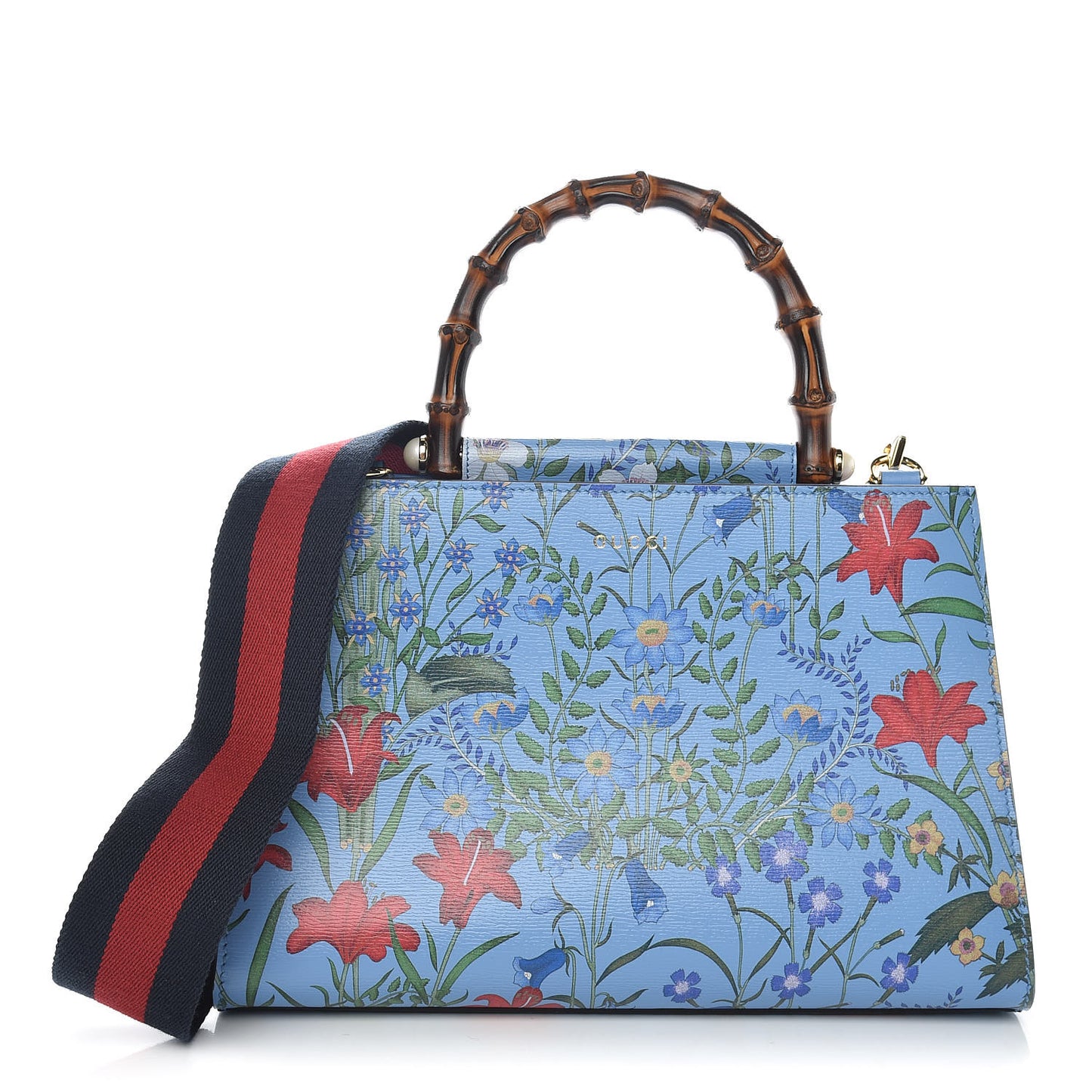 Calfskin Bamboo Web New Flora Small Nymphaea Top Handle Bag Azure