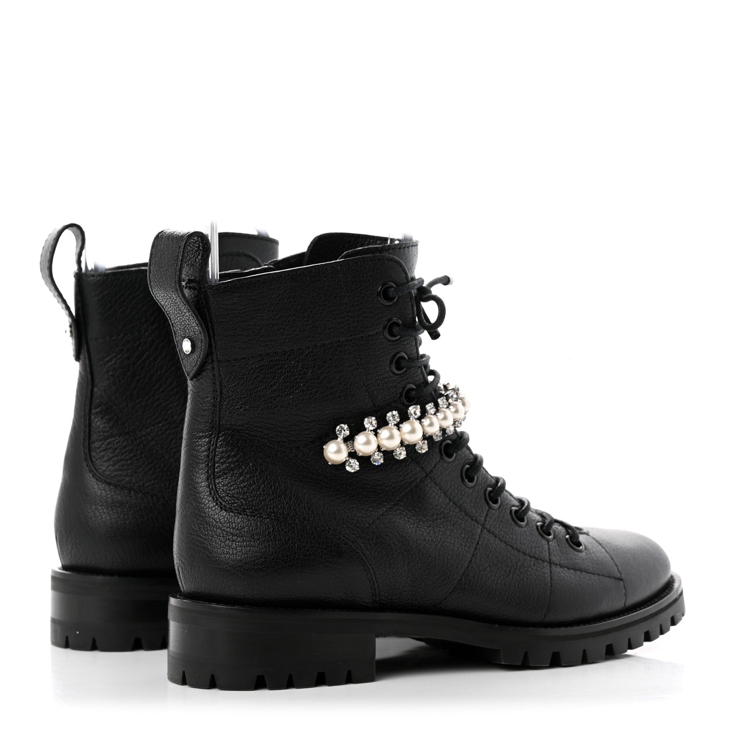 Grained Calfskin Crystal Embellished Cruz Combat Boots 36 Black