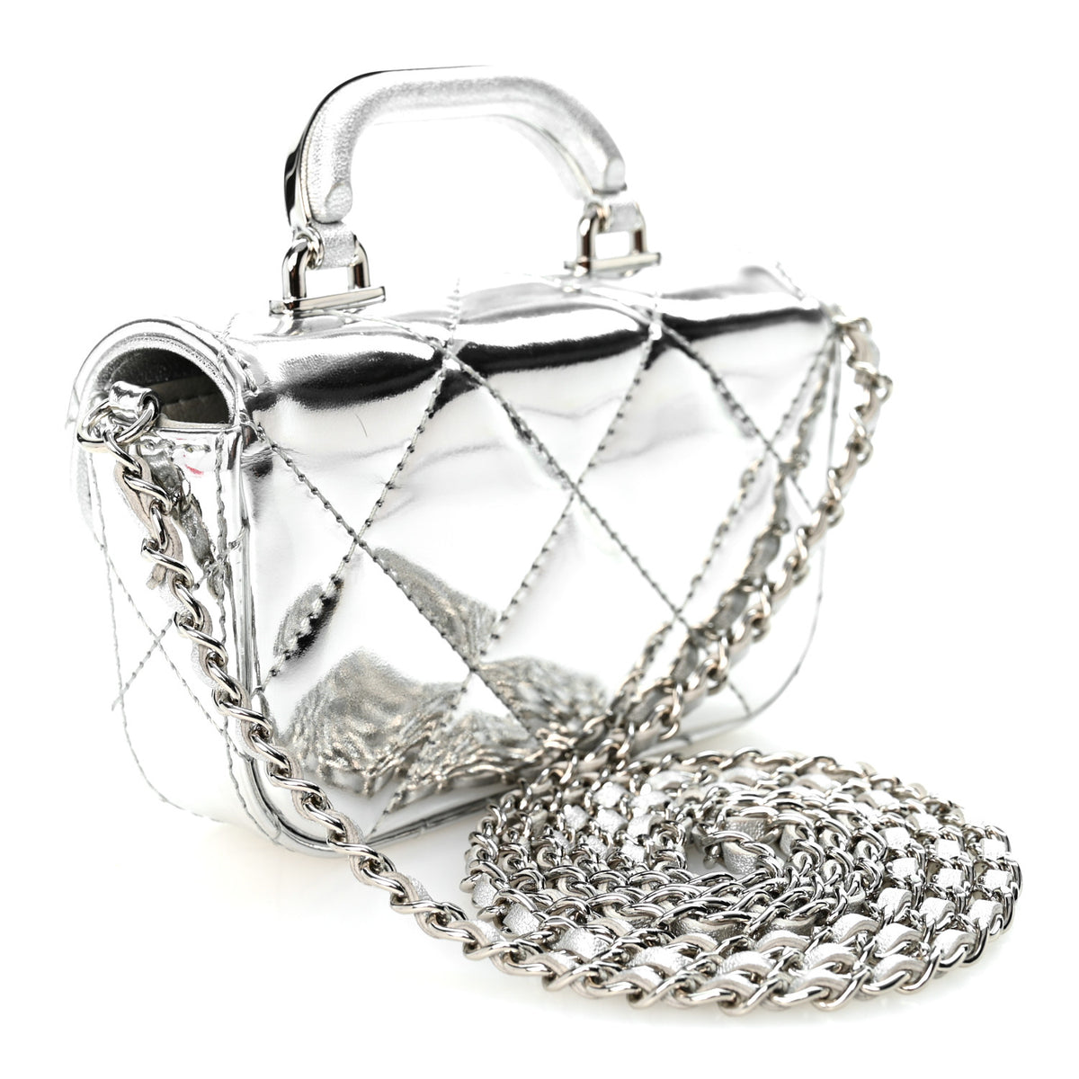 Mirror Calfskin Small Top Handle Clutch With Chain Silver