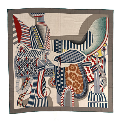 Hermes Cashmere Silk La Selle Imaginaire Shawl 140 Gris Cendre Naturel Bleu 1 of 5