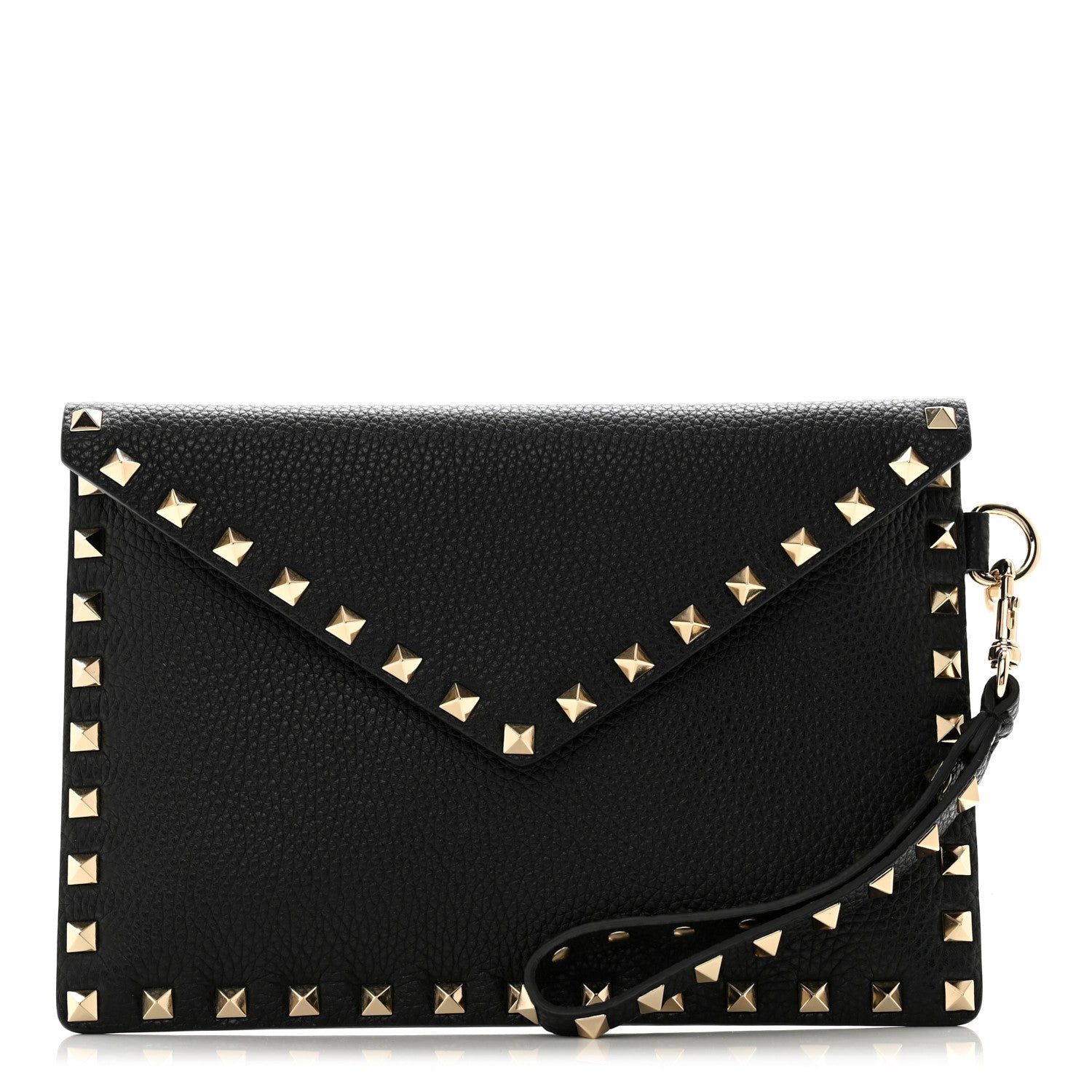 Valentino Garavani Pebbled Calfskin Medium Rockstud Envelope Flat Wristlet Pouch Black 1 of 8