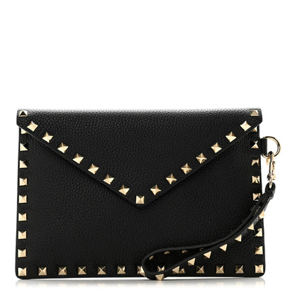 Valentino Garavani Pebbled Calfskin Medium Rockstud Envelope Flat Wristlet Pouch Black 1 of 8