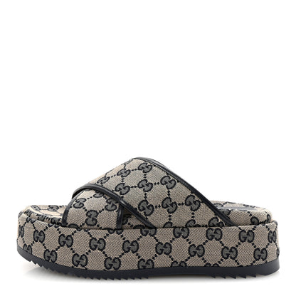 Gucci Monogram Criss Cross Platform Slide Sandals 37 Beige Blue 1 of 10