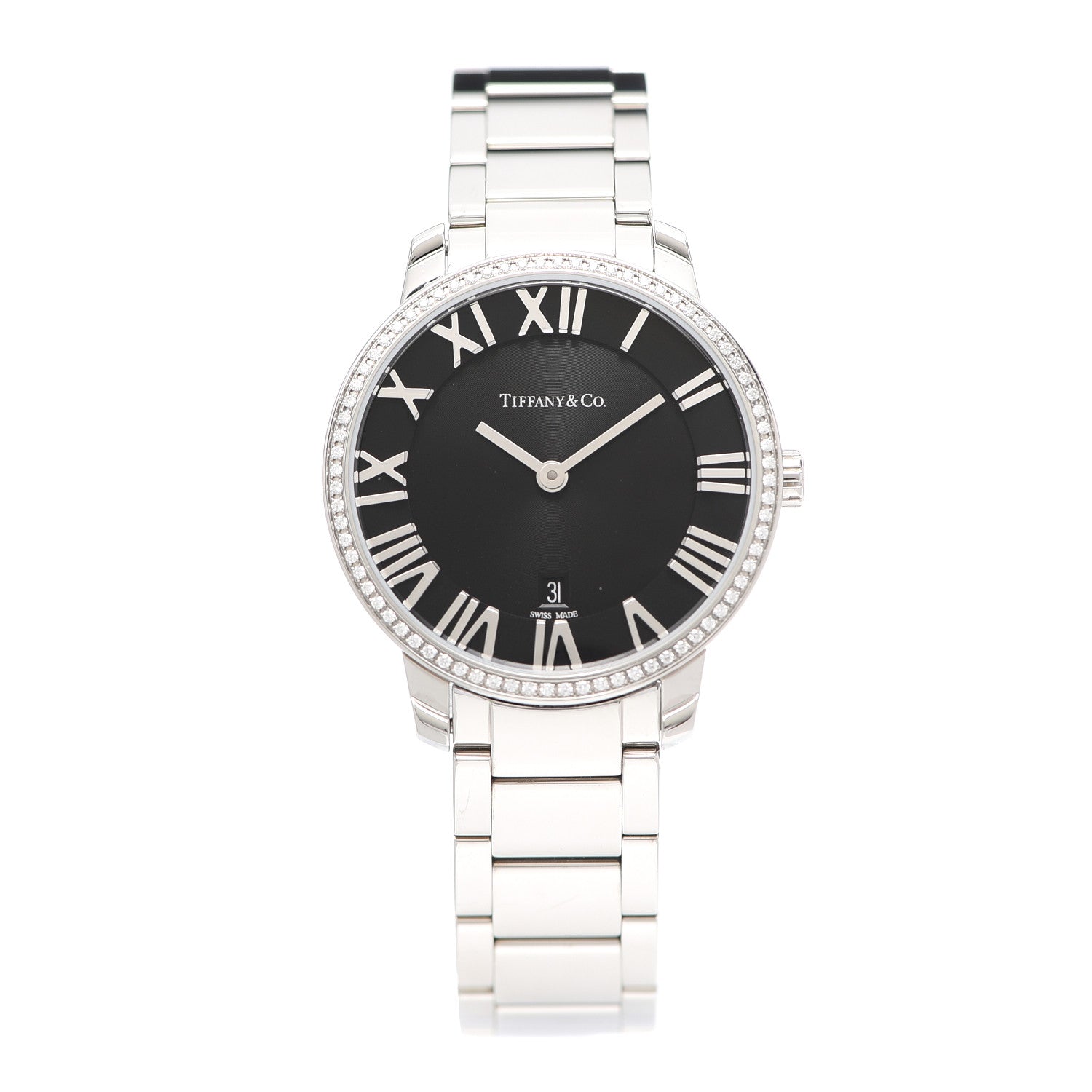 Tiffany Stainless Steel Diamond Bezel 31mm Atlas 2-Hand Quartz Watch Black 1 of 5