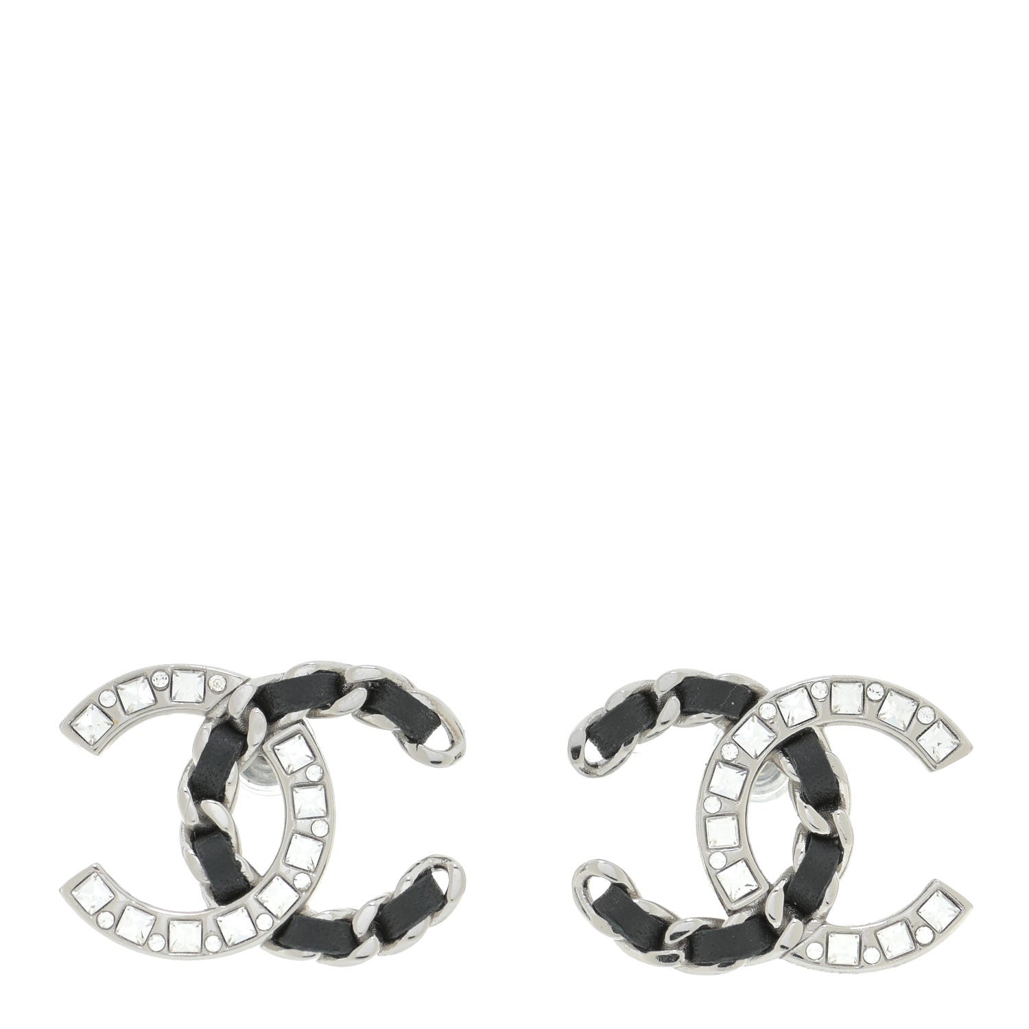Chanel Crystal Baguette Lambskin Large CC Earrings Silver Black 1 of 5