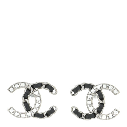 Chanel Crystal Baguette Lambskin Large CC Earrings Silver Black 1 of 5