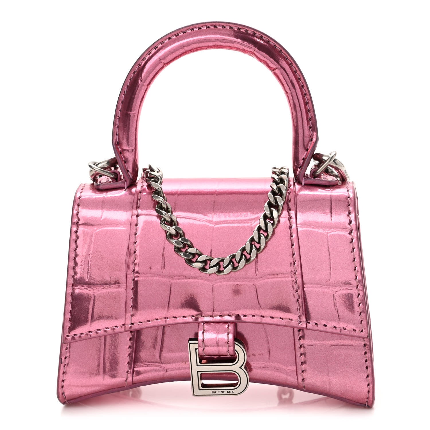 Balenciaga Metallic Calfskin Crocodile Embossed Hourglass Top Handle Bag Mini with Chain Pink 1 of 9