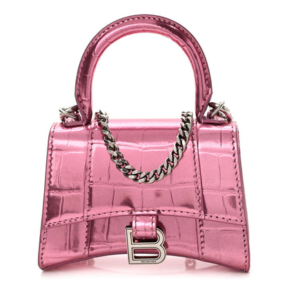 Balenciaga Metallic Calfskin Crocodile Embossed Hourglass Top Handle Bag Mini with Chain Pink 1 of 9