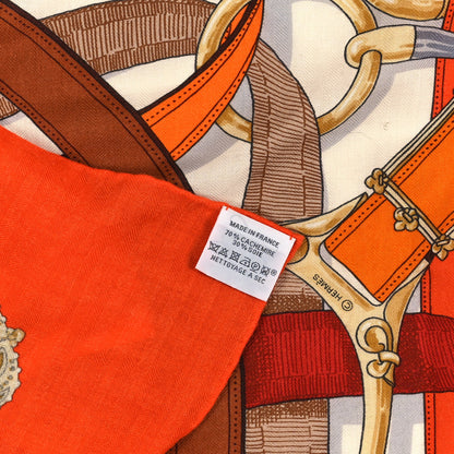 Hermes Cashmere Silk Cavalcadour Shawl 140 Orange White Brun 3 of 3