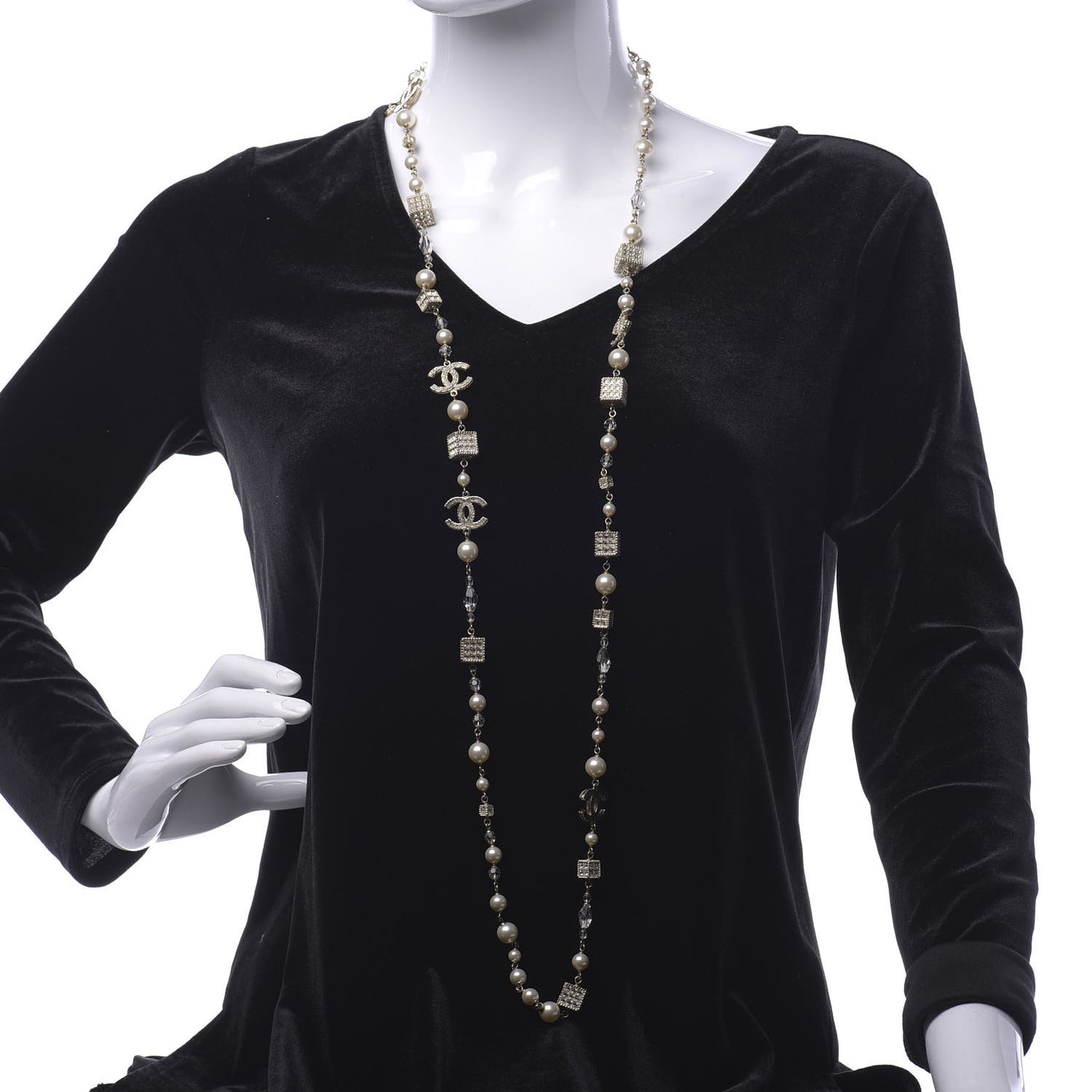 Pearl Baguette Crystal CC Long Necklace Gold