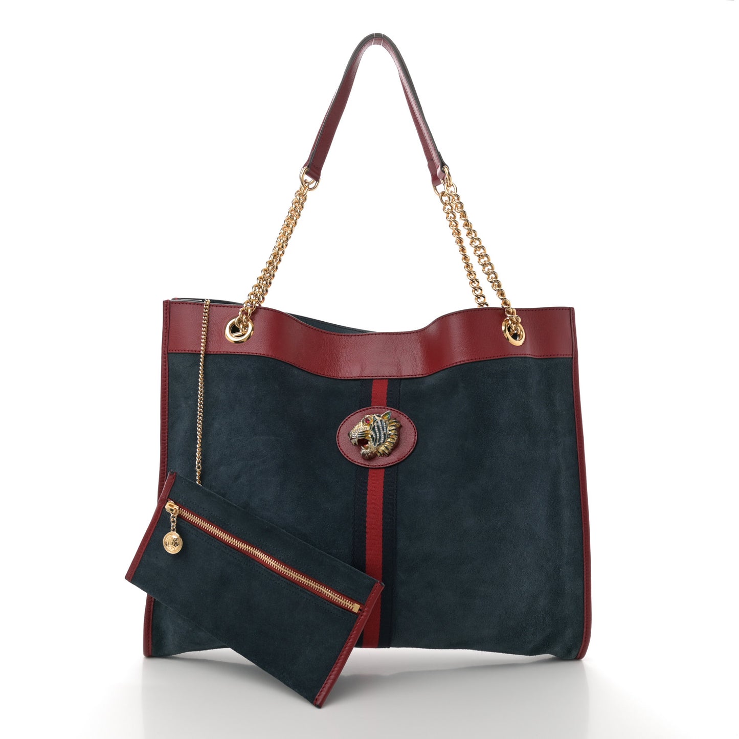 Suede Calfskin Large Rajah Chain Tote New Blue Romantic Cherry