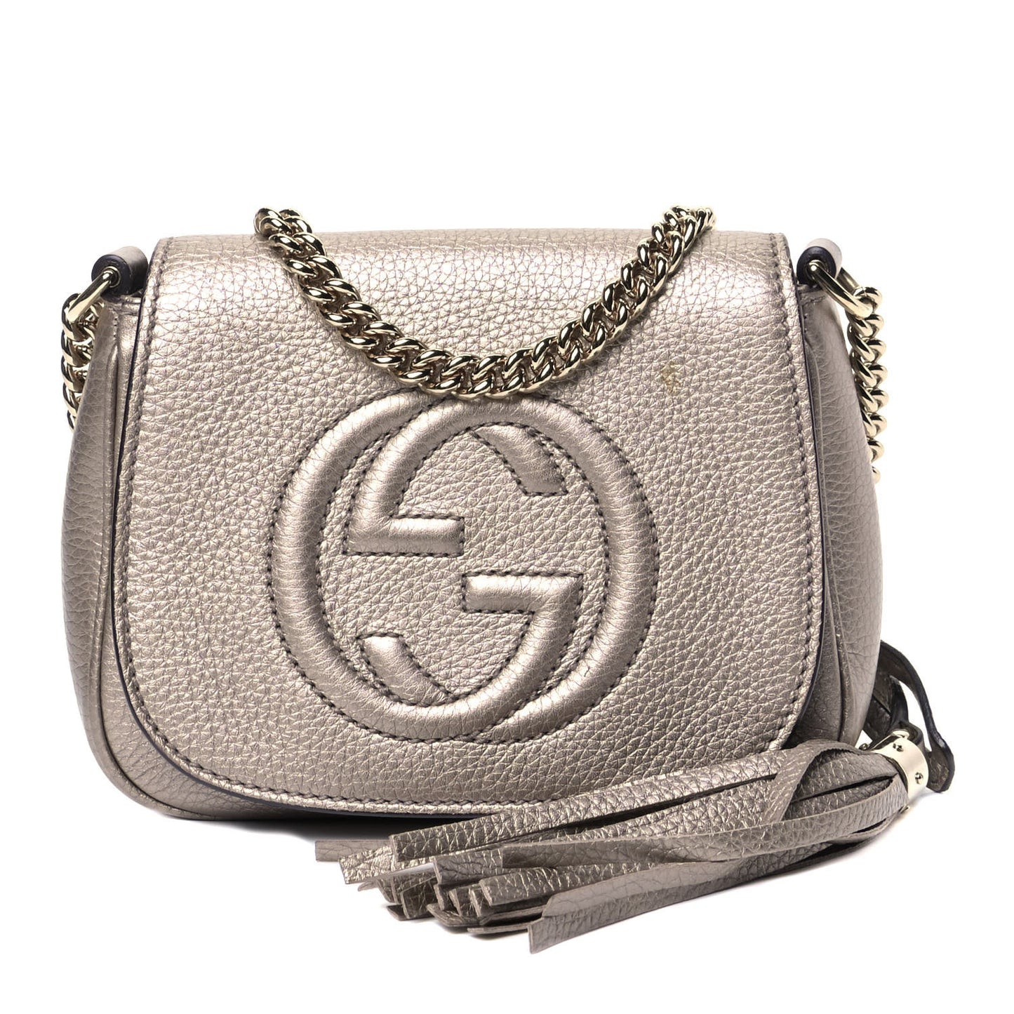 Metallic Pebbled Calfskin Small Soho Flap Crossbody Golden Beige