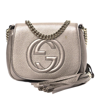 Gucci Metallic Pebbled Calfskin Small Soho Flap Crossbody Golden Beige 1 of 7