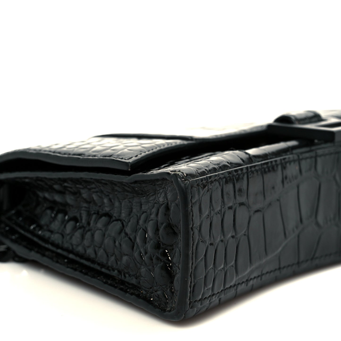 Shiny Calfskin Monochrome Crocodile Embossed Small Hourglass Evening Chain Bag Black