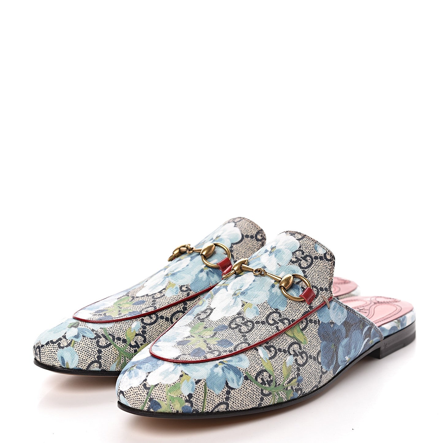 GG Supreme Monogram Blooms Womens Princetown Slippers 37.5 Beige Blue Navy Hibiscus Red
