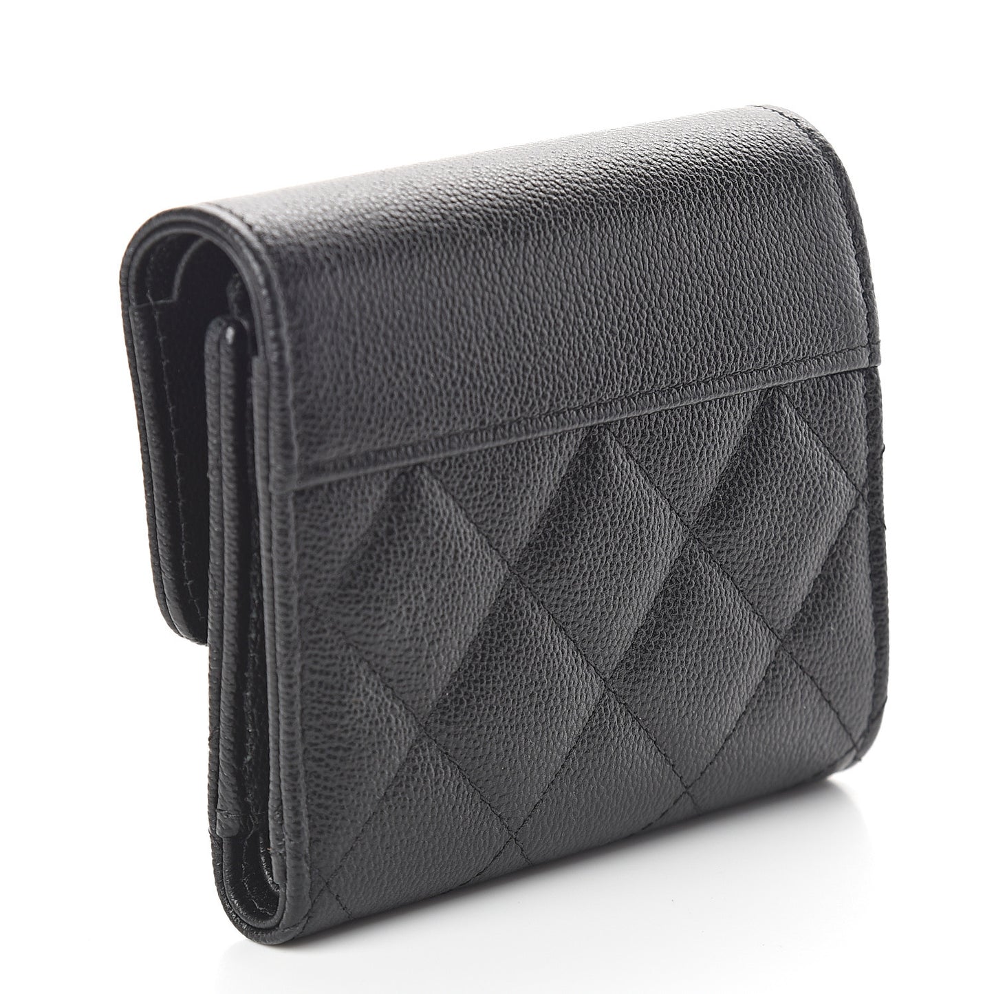 Grained Calfskin Quilted CC Box Compact Flap Wallet Black