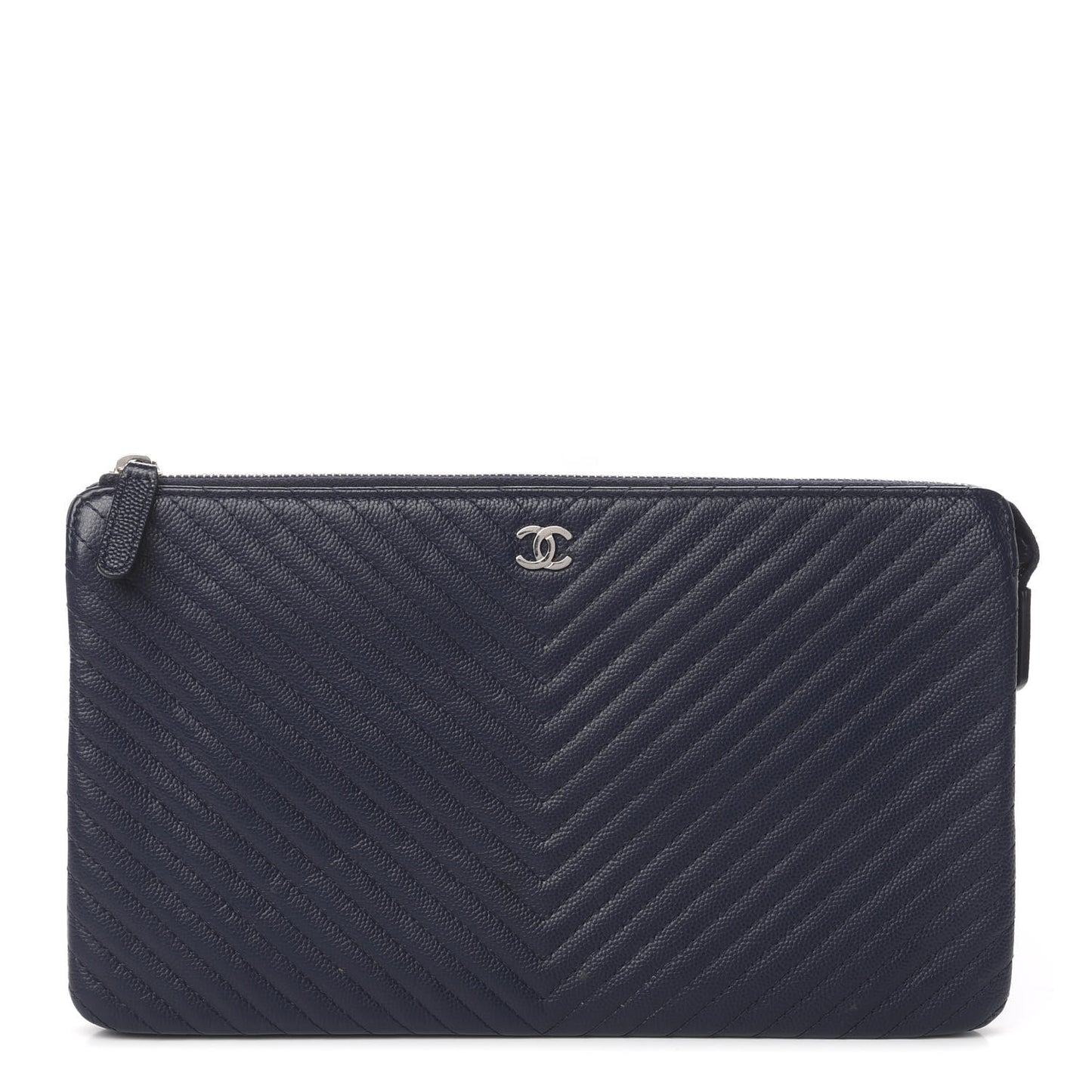 Caviar Chevron Quilted Large Zipped Clutch Navy