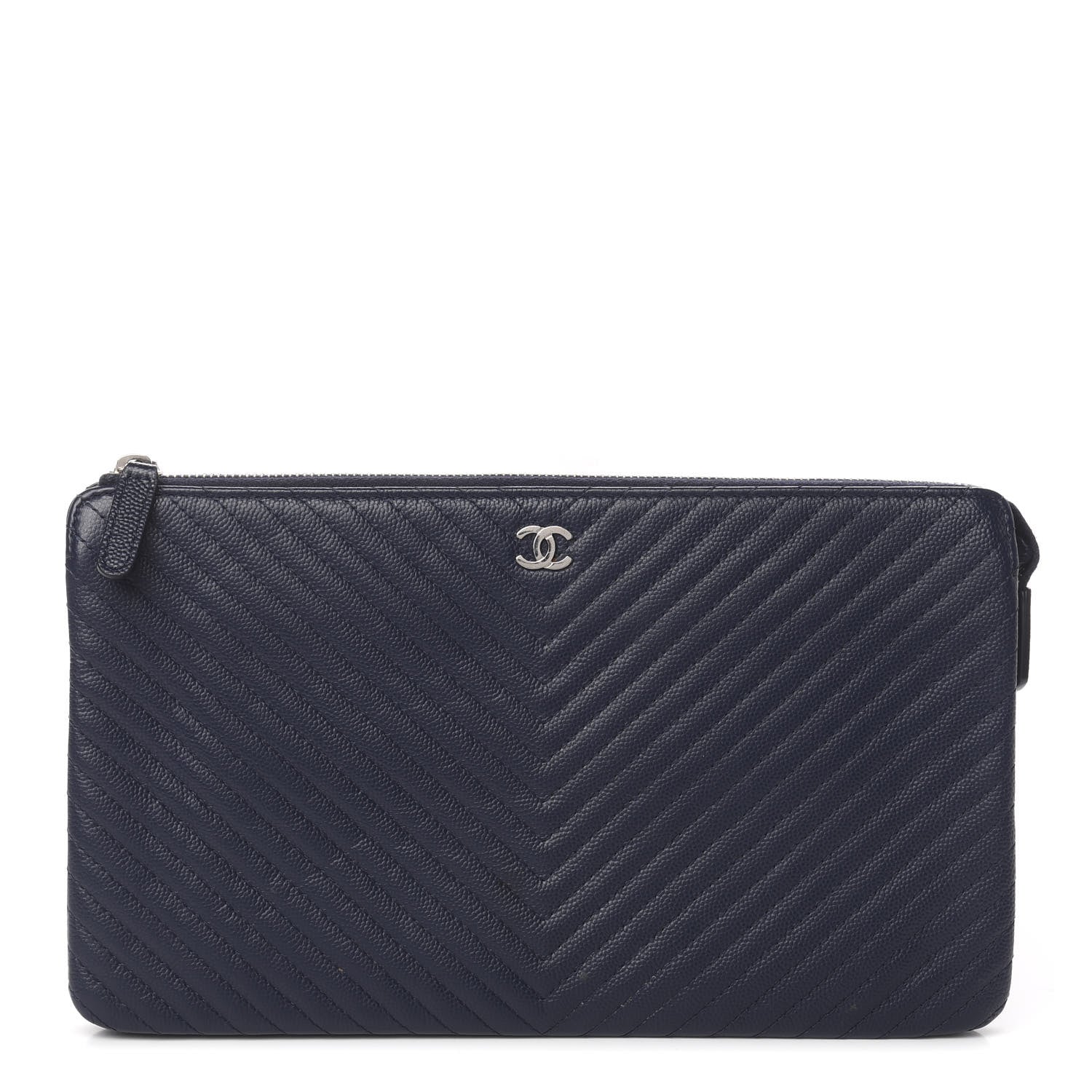 Chanel Caviar Chevron Quilted Large Zipped Clutch Navy 1 of 11