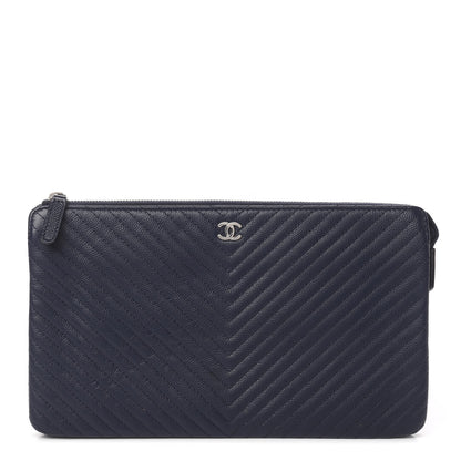 Chanel Caviar Chevron Quilted Large Zipped Clutch Navy 1 of 11