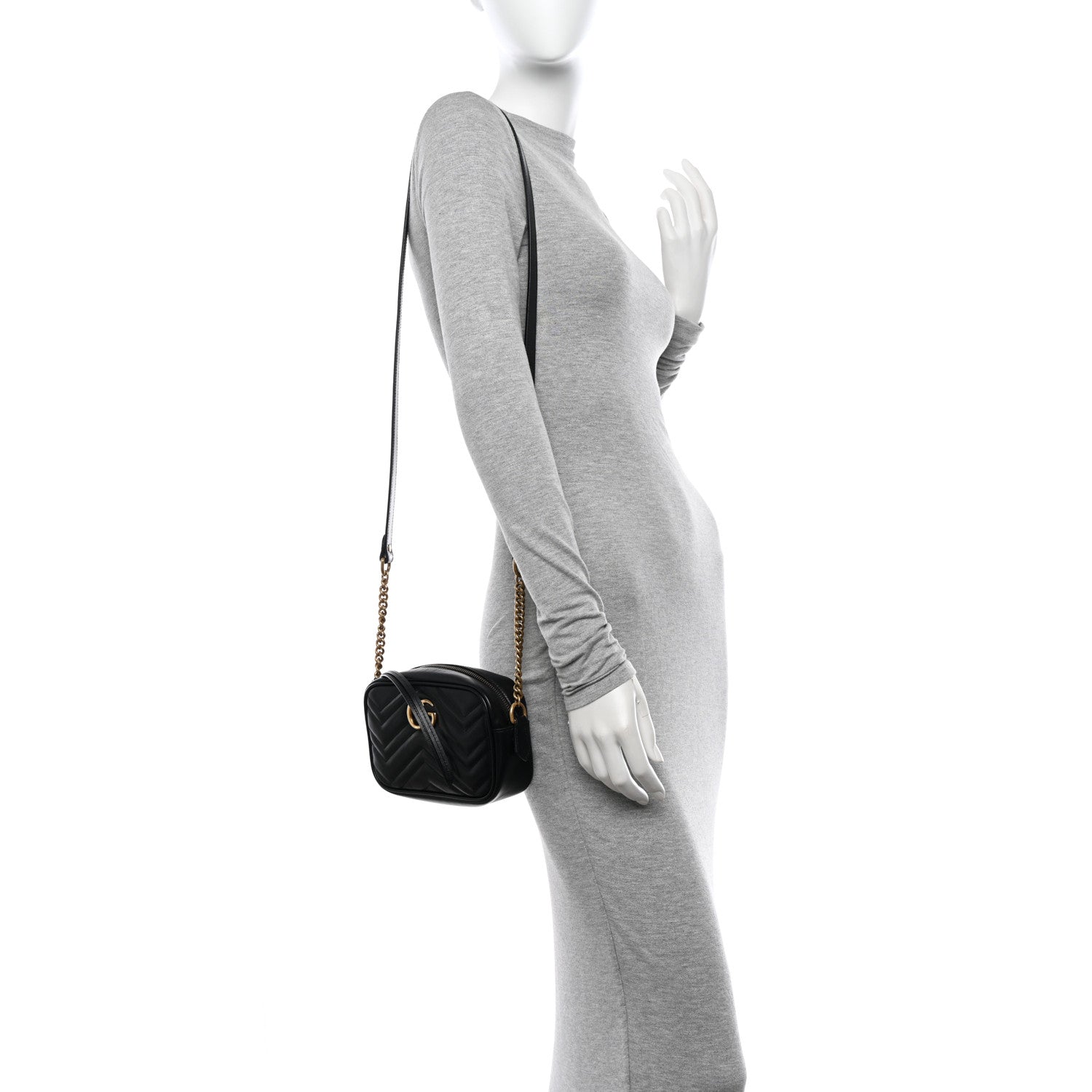Gucci Calfskin Matelasse Mini GG Marmont Chain Shoulder Bag Black 2 of 12