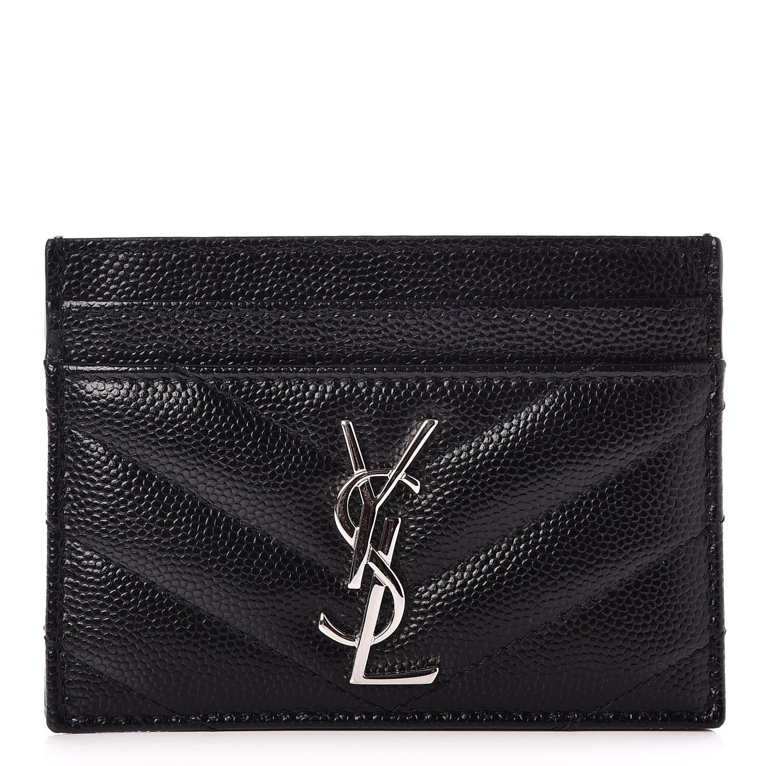 Saint Laurent Grain De Poudre Matelasse Chevron Monogram Credit Card Case Black 1 of 8