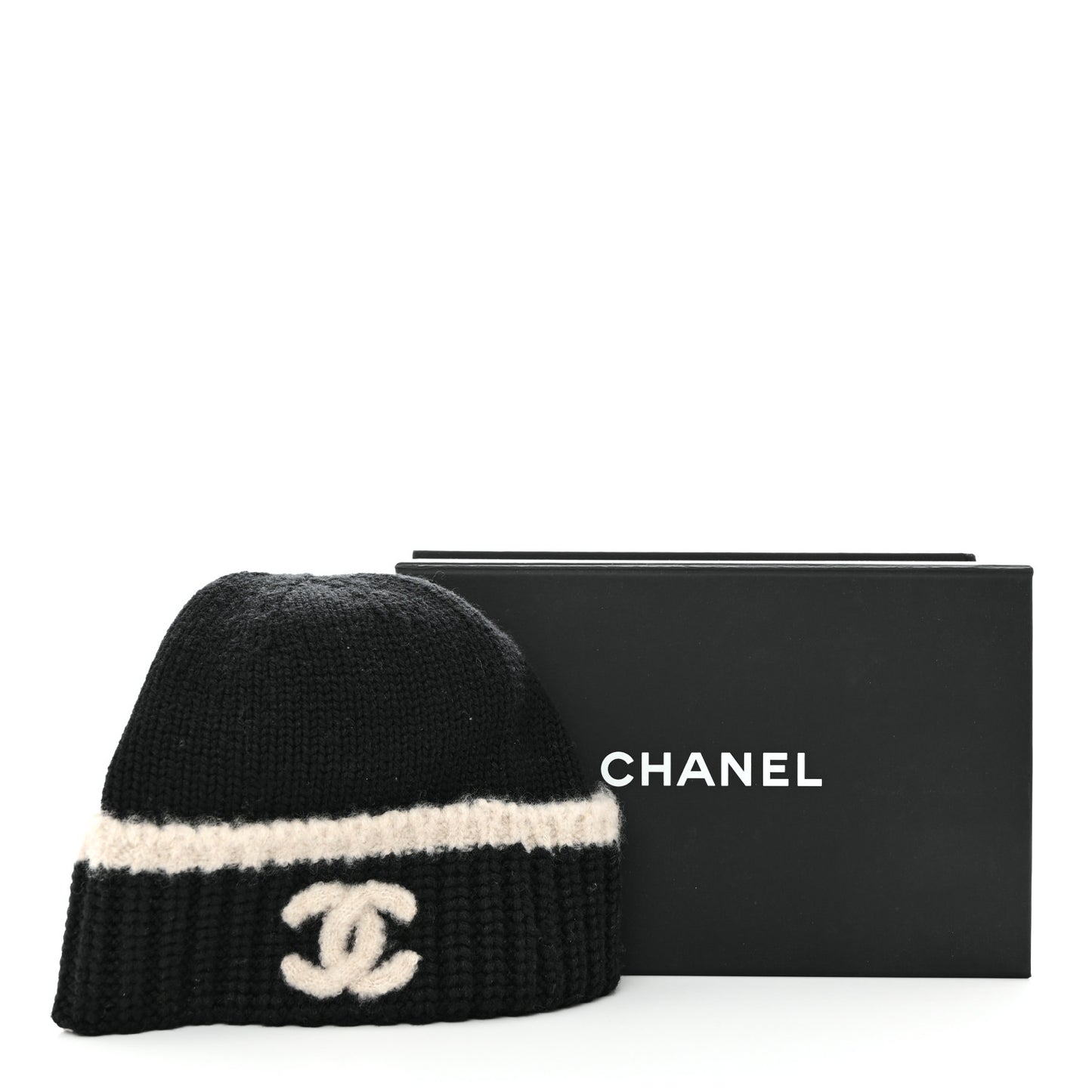 Cashmere Wool Silk CC Beanie Hat Black Light Beige