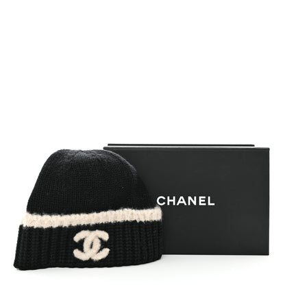 Chanel Cashmere Wool Silk CC Beanie Hat Black Light Beige 8 of 8