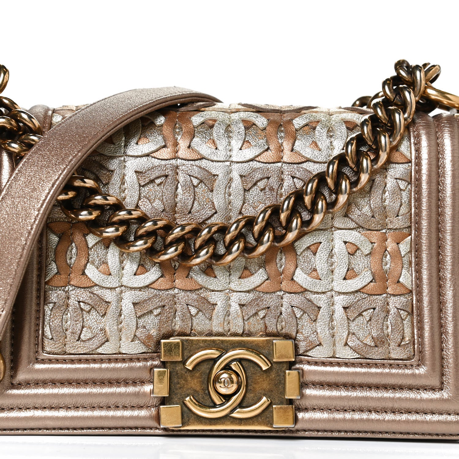 Chanel Metallic Lambskin Small Golden CC Boy Flap Dark Gold 7 of 9