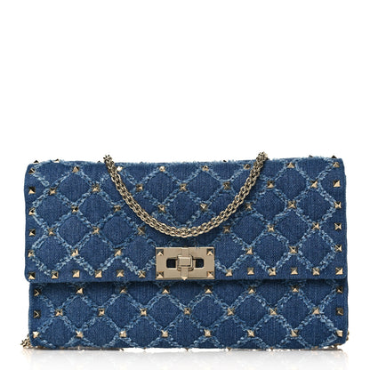 Valentino Garavani Denim Rockstud Spike Wallet on Chain Blue 1 of 8