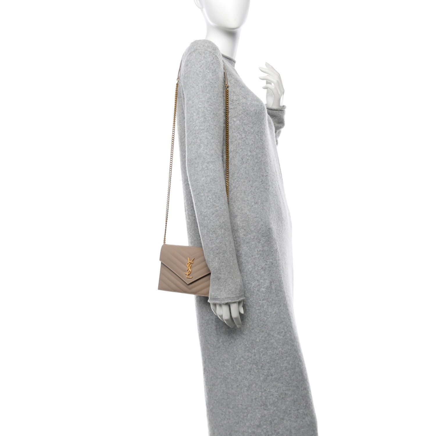 Saint Laurent Grain De Poudre Matelasse Chevron Monogram Envelope Chain Wallet Dark Beige 2 of 11