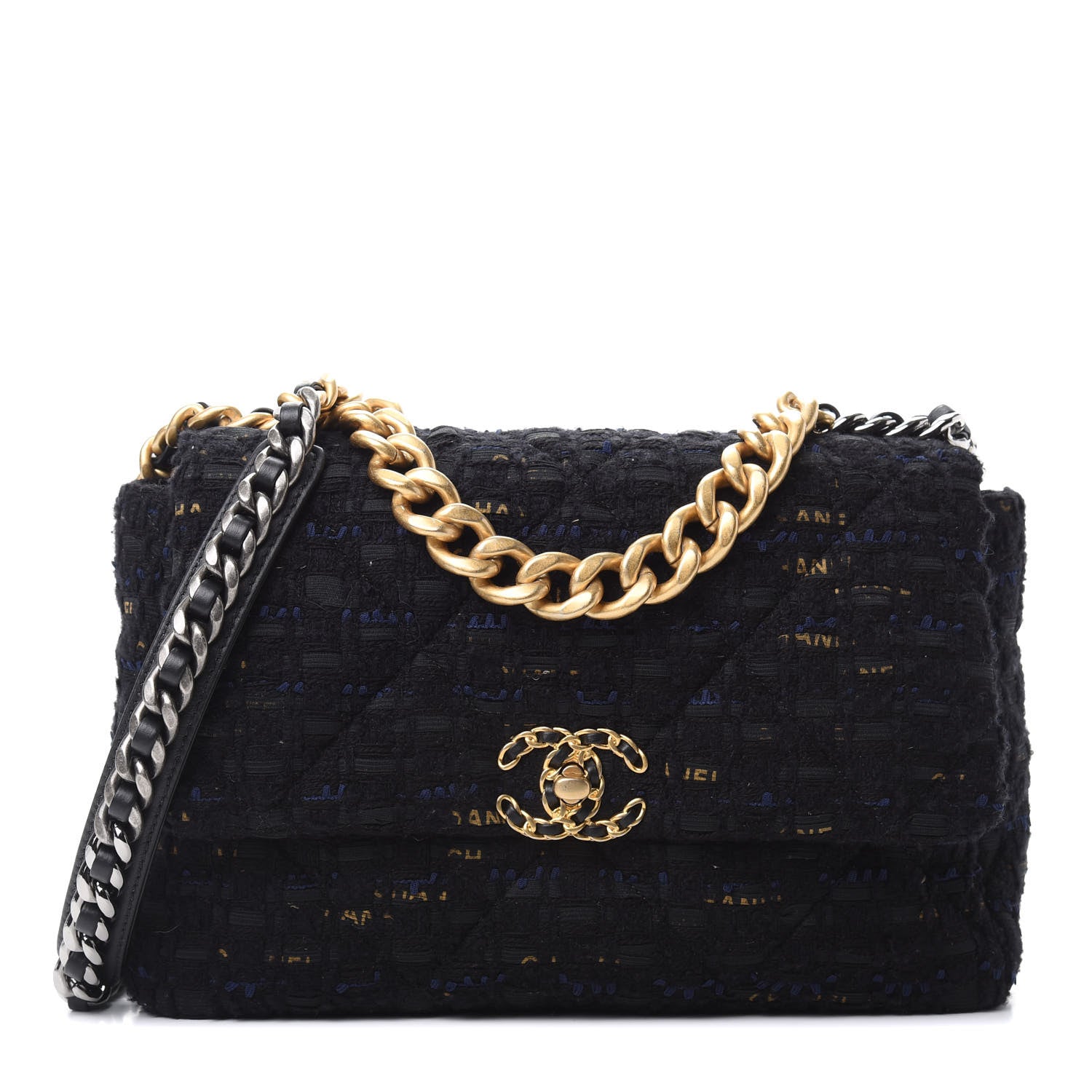 Chanel Tweed Quilted Large Chanel 19 Flap Black Navy Gold 1 of 12