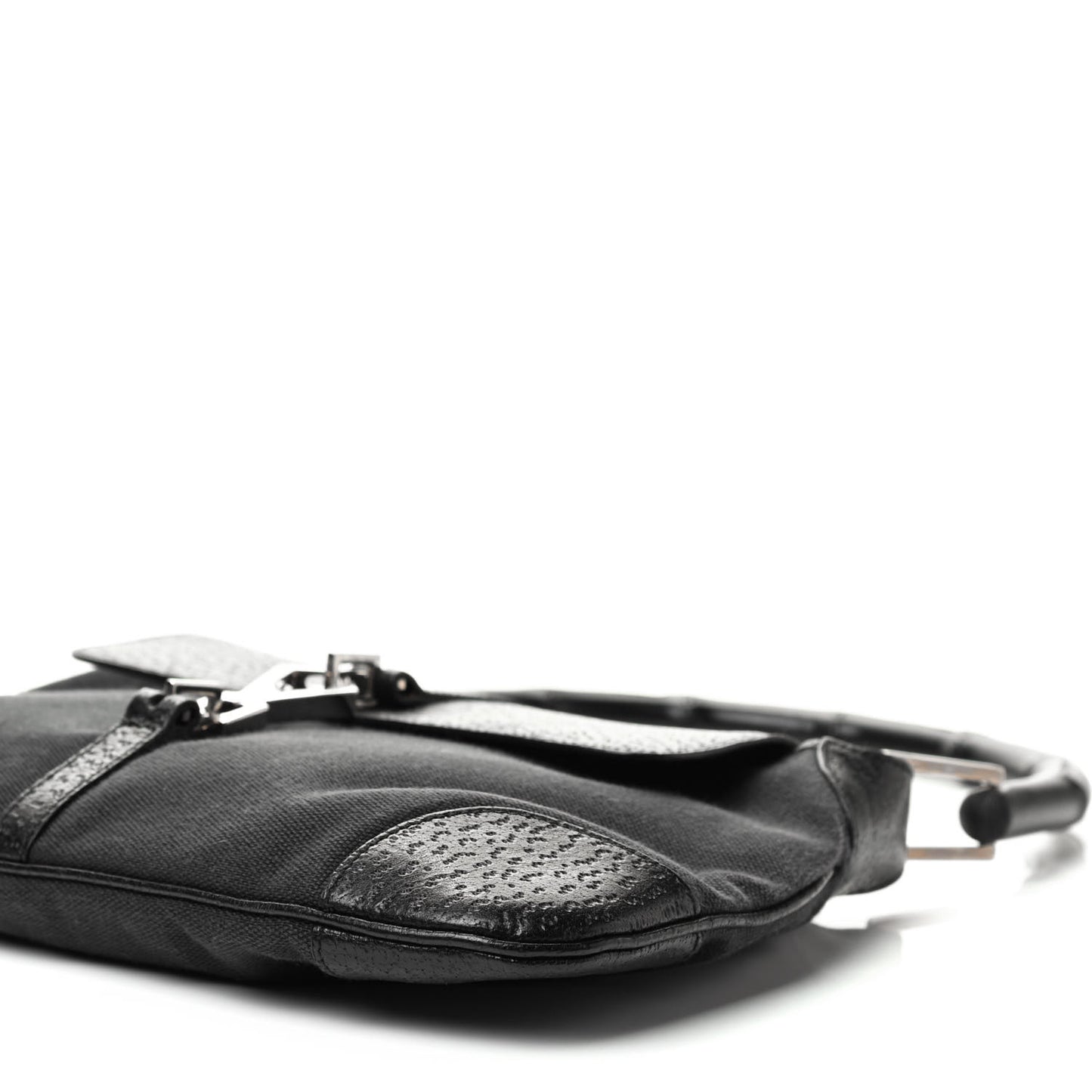 Canvas Calfskin Bamboo Handle Jackie O Hobo Black