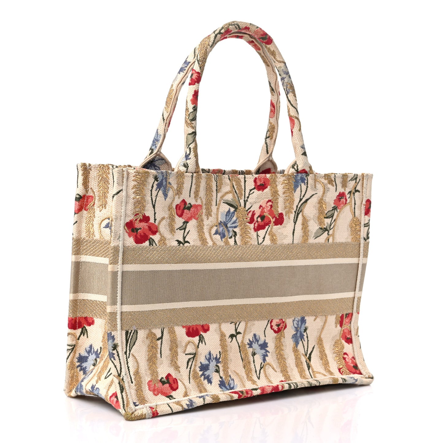 Canvas Embroidered Medium Hibiscus Book Tote Beige Multicolor