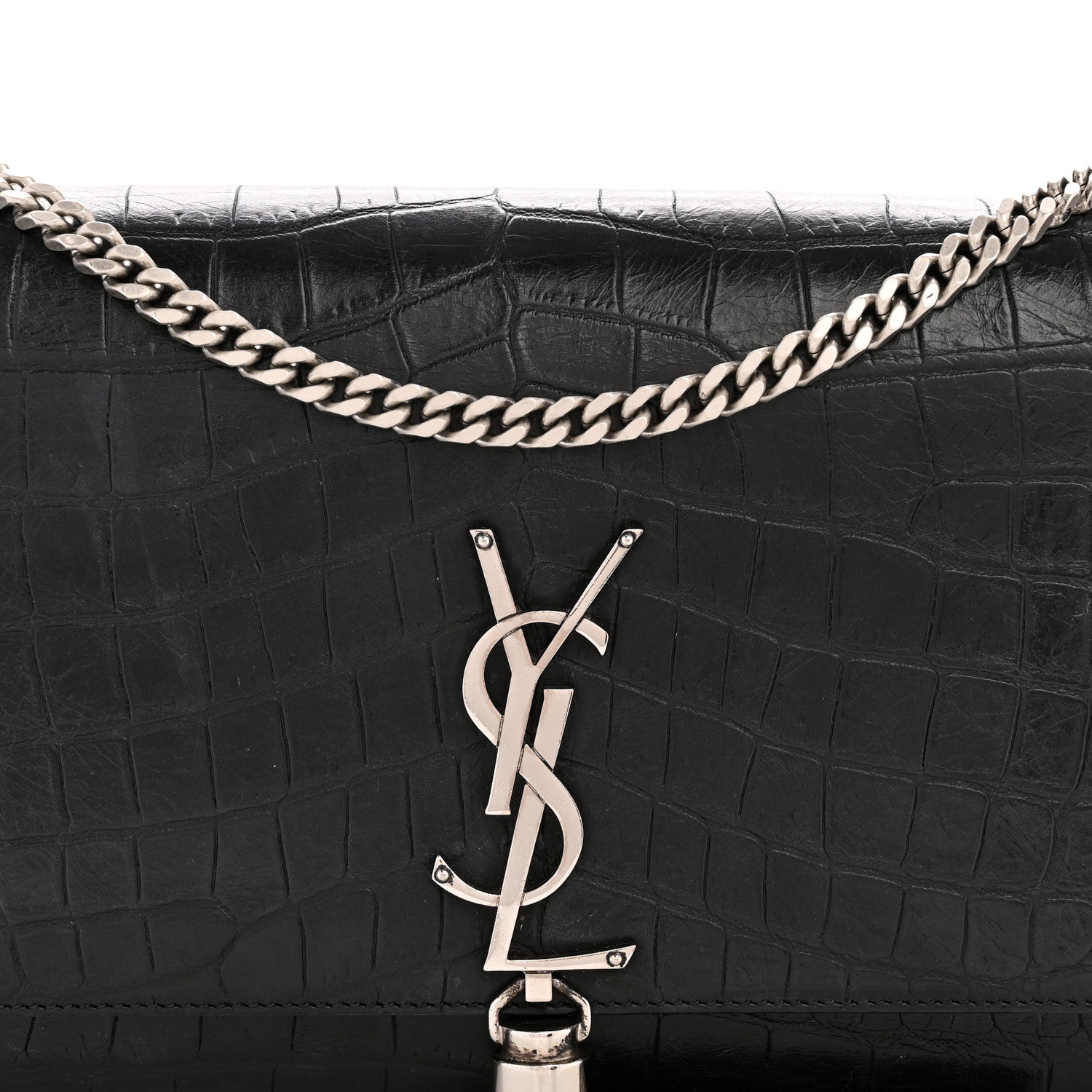 Saint Laurent Calfskin Crocodile Embossed Medium Classic Monogram Kate Tassel Satchel Black 8 of 14